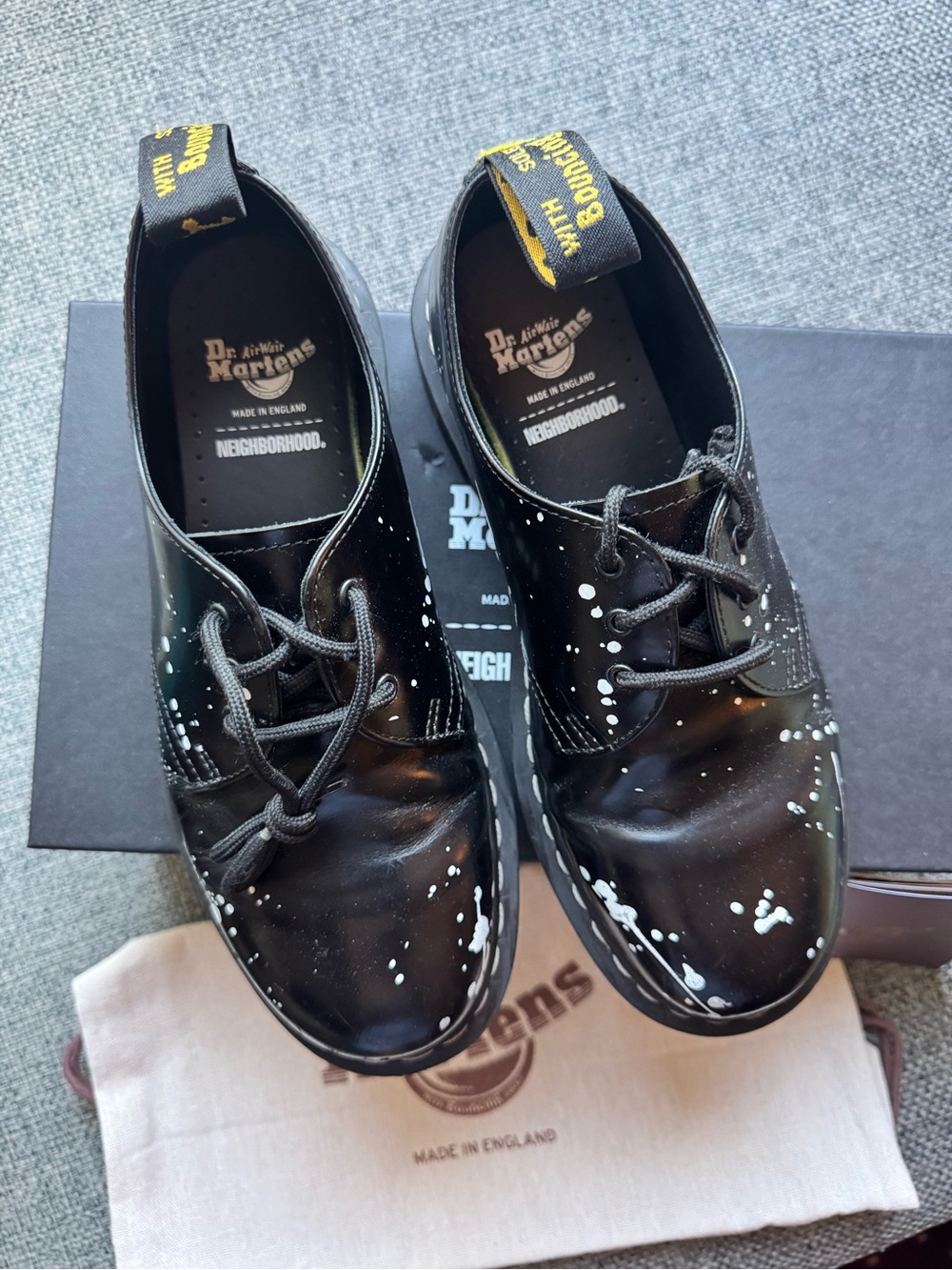 Dr. Marten x Neighborhood Black Leather Oxfords with White Paint-Splatter.